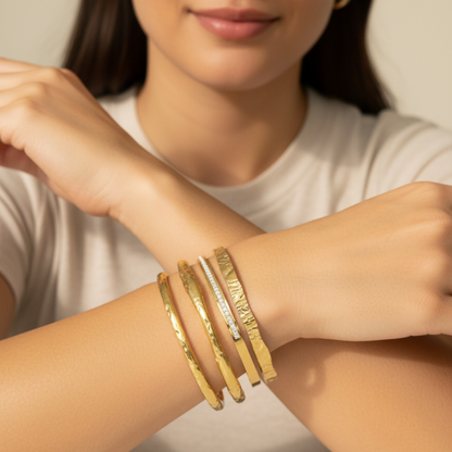 textured ripple gold cuff bracelet with hammered organic finish and adjustable open design