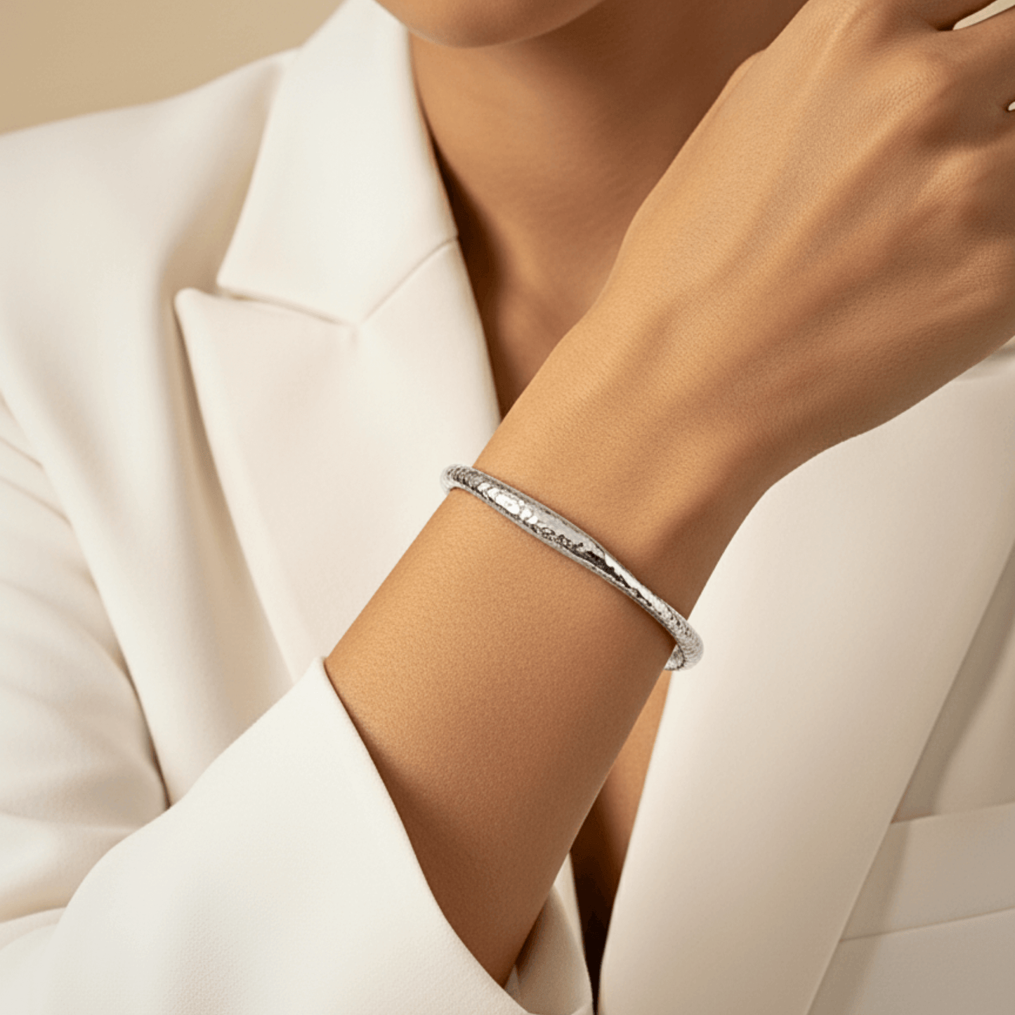 textured ripple silver cuff bracelet with polished organic finish and open adjustable design