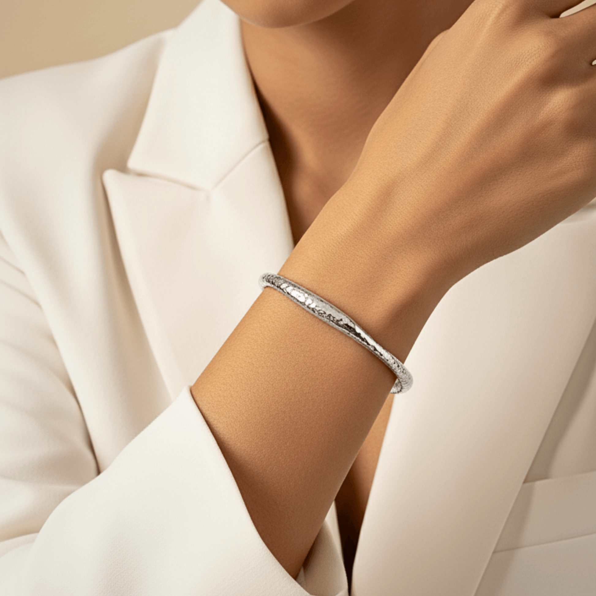 textured ripple silver cuff bracelet with polished organic finish and open adjustable design