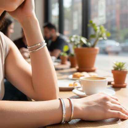 textured ripple silver cuff bracelet with polished organic finish and open adjustable design