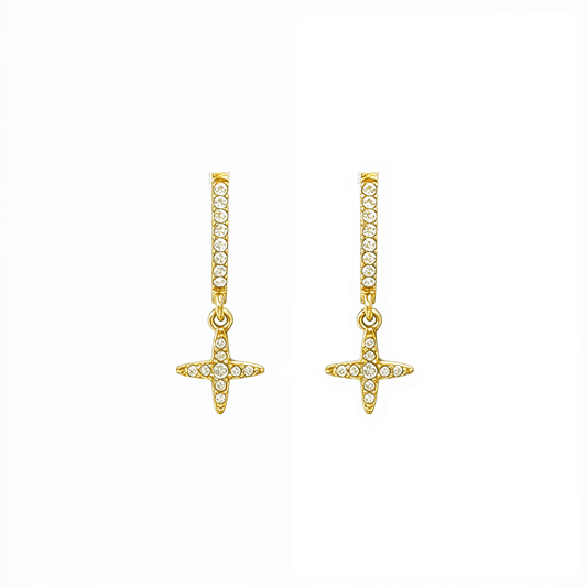Tiny Gold Pavé Cross Huggie Earrings by MXW Jewellery featuring crystal-lined hoops and a dangling cross charm