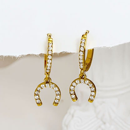 Tiny Gold Crystal Horseshoe Huggie Earrings with pave details by MXW Jewellery