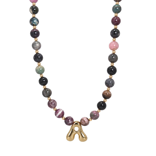 personalised multicolour tourmaline beaded bubble initial necklace with 14k gold filled pacers
