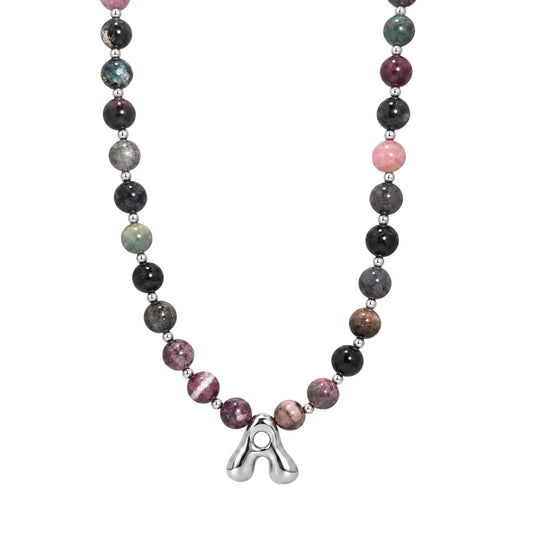 personalised multicolour tourmaline beaded bubble initial necklace with 925 sterling silver pacers