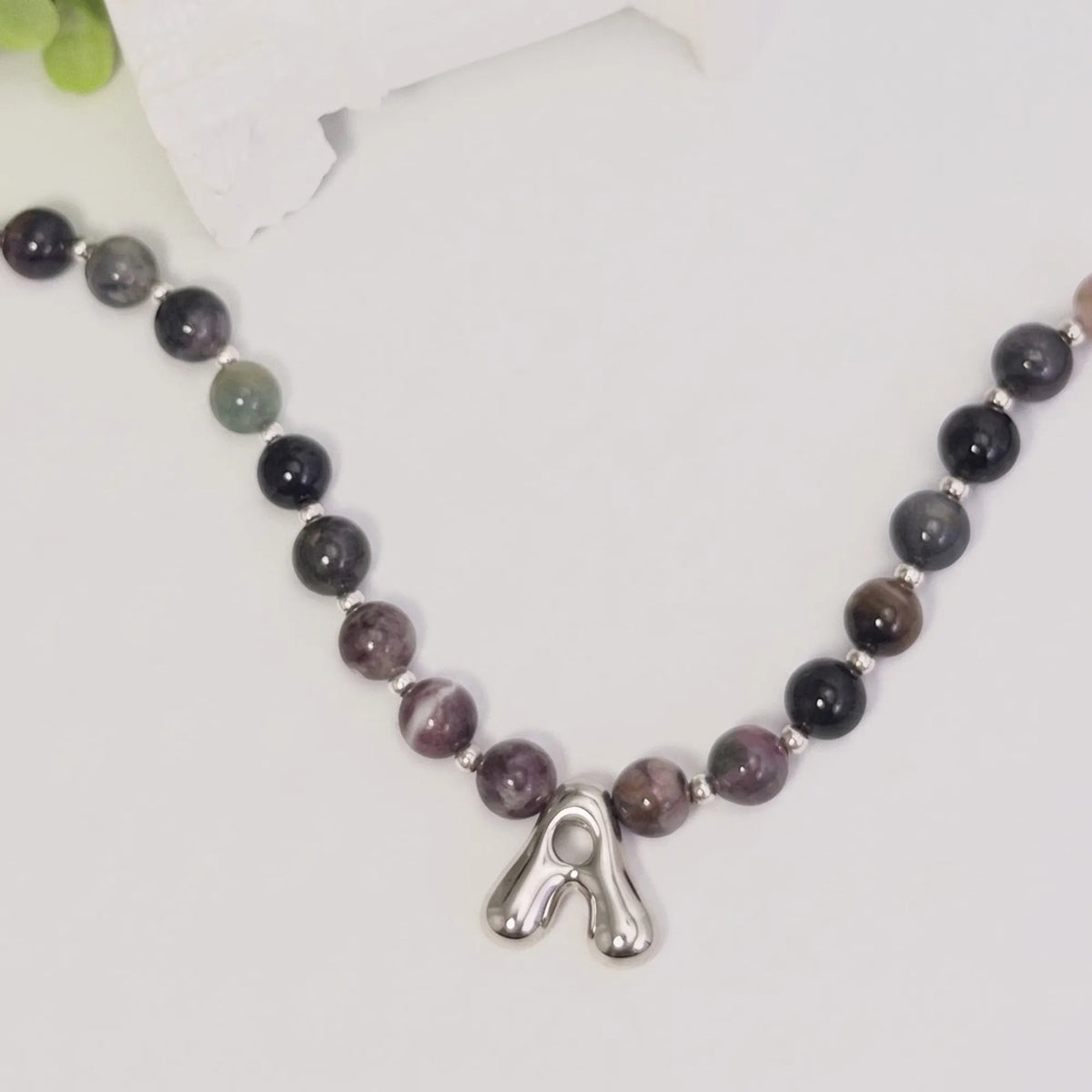 personalised multicolour tourmaline beaded bubble initial necklace with 925 sterling silver pacers