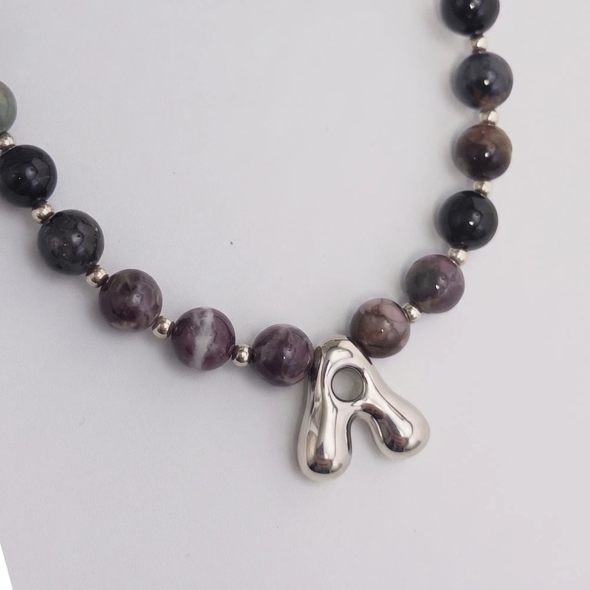 personalised multicolour tourmaline beaded bubble initial necklace with 925 sterling silver pacers