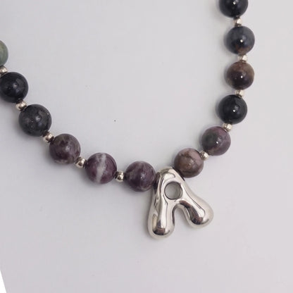 personalised multicolour tourmaline beaded bubble initial necklace with 925 sterling silver pacers
