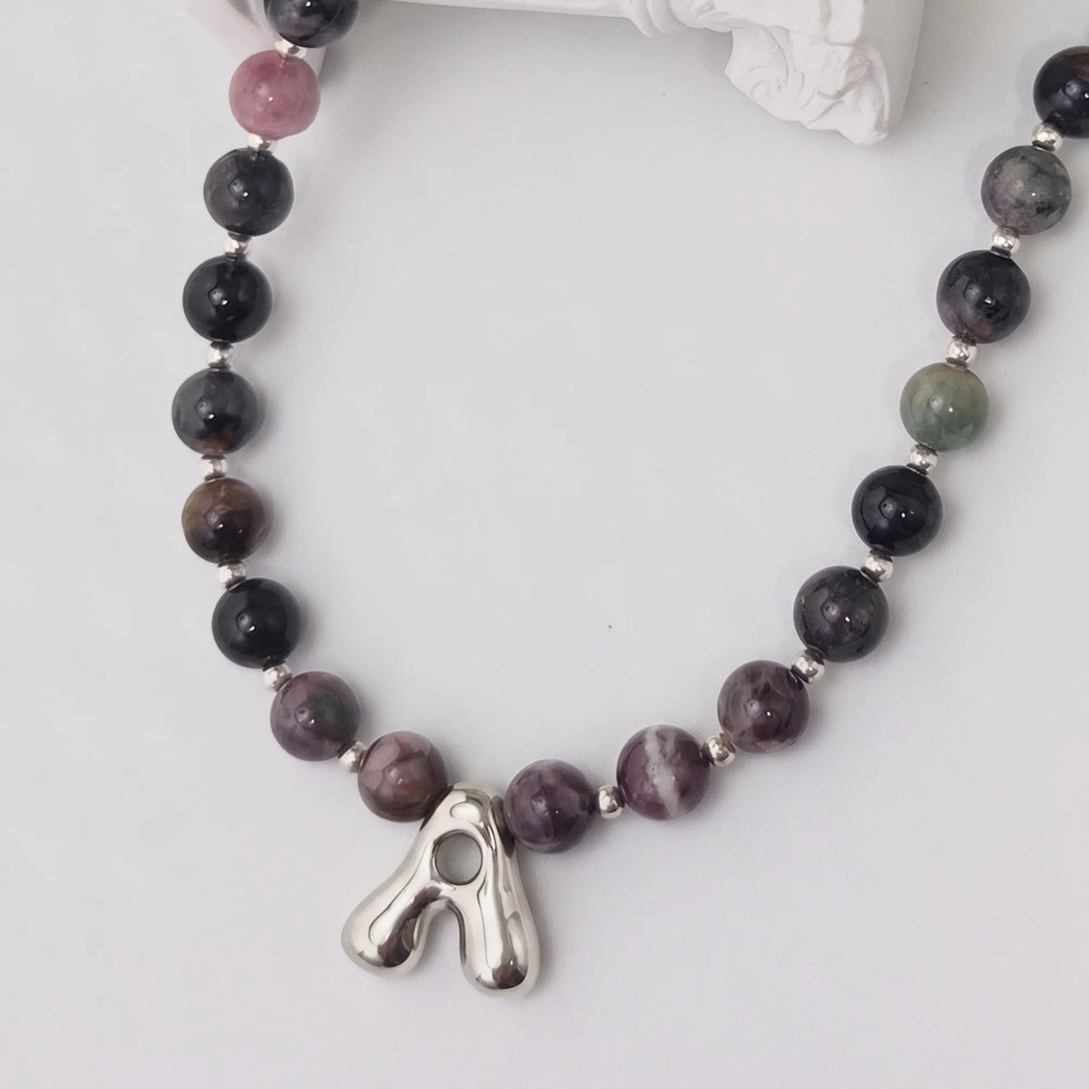 personalised multicolour tourmaline beaded bubble initial necklace with 925 sterling silver pacers