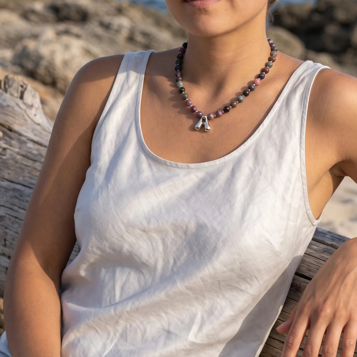 personalised multicolour tourmaline beaded bubble initial necklace with 925 sterling silver pacers