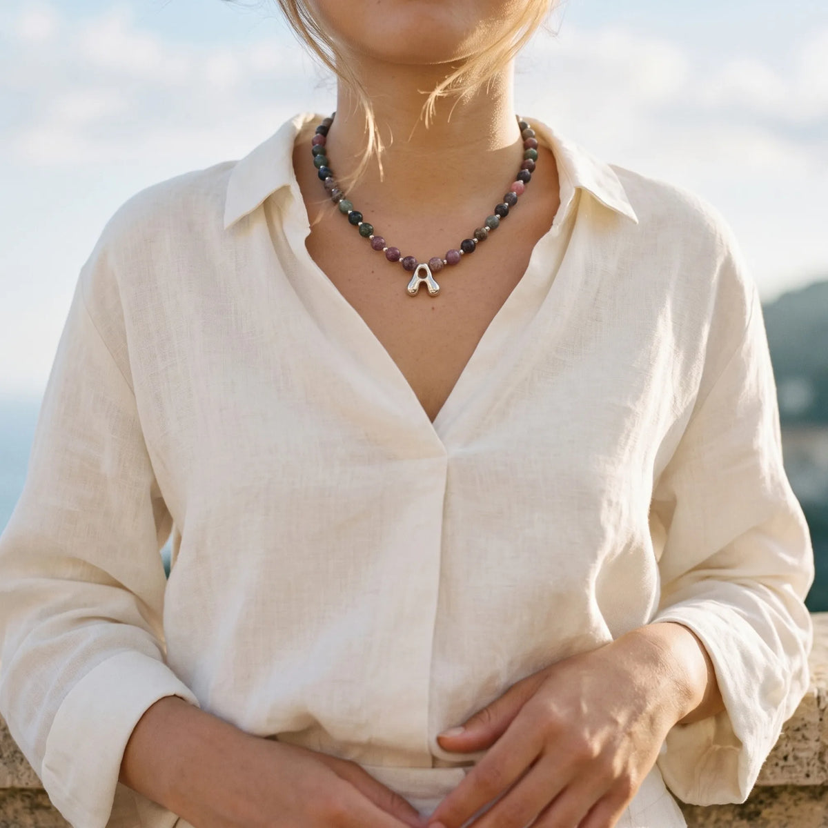 personalised multicolour tourmaline beaded bubble initial necklace with 925 sterling silver pacers