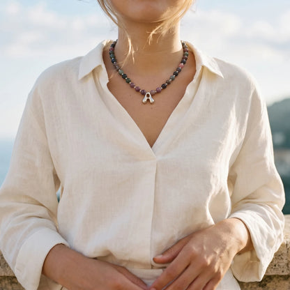 personalised multicolour tourmaline beaded bubble initial necklace with 925 sterling silver pacers