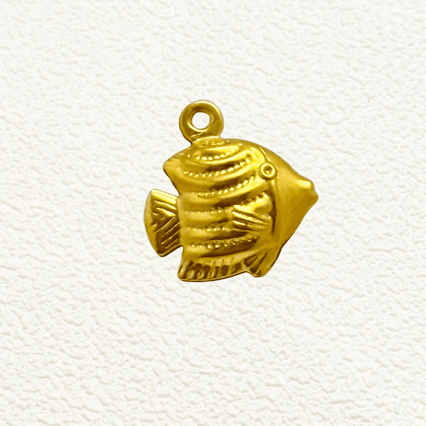 Gold tropical fish charm with detailed fins and scales, lightweight hollow design