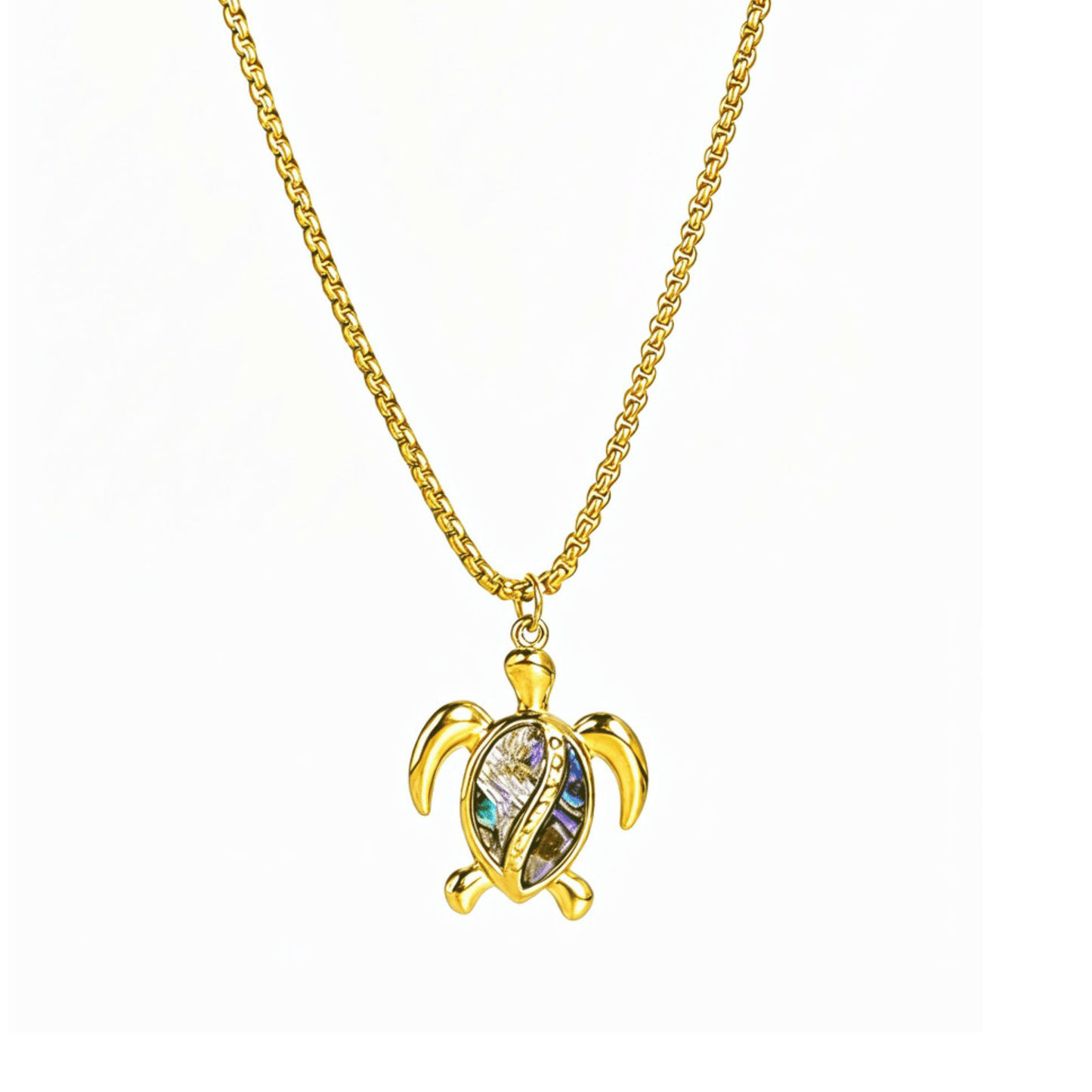 Waterproof gold turtle pendant necklace with abalone shell, shown on model with ocean-inspired details
