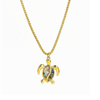 Waterproof gold turtle pendant necklace with abalone shell, shown on model with ocean-inspired details