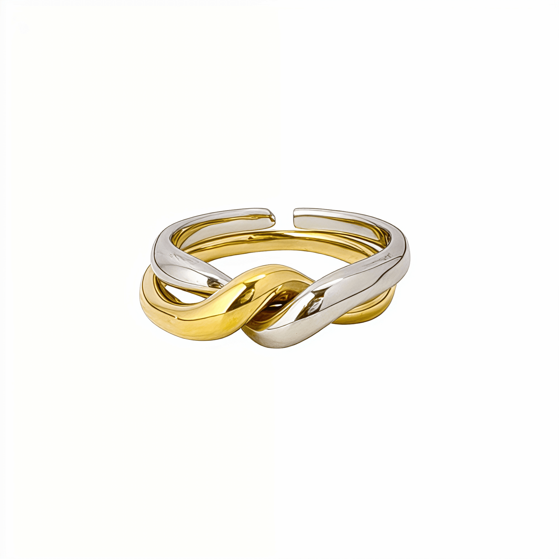 Two-Tone Interlocking Ring by MXW Jewellery featuring interwoven gold and silver bands displayed on a white textured pedestal.