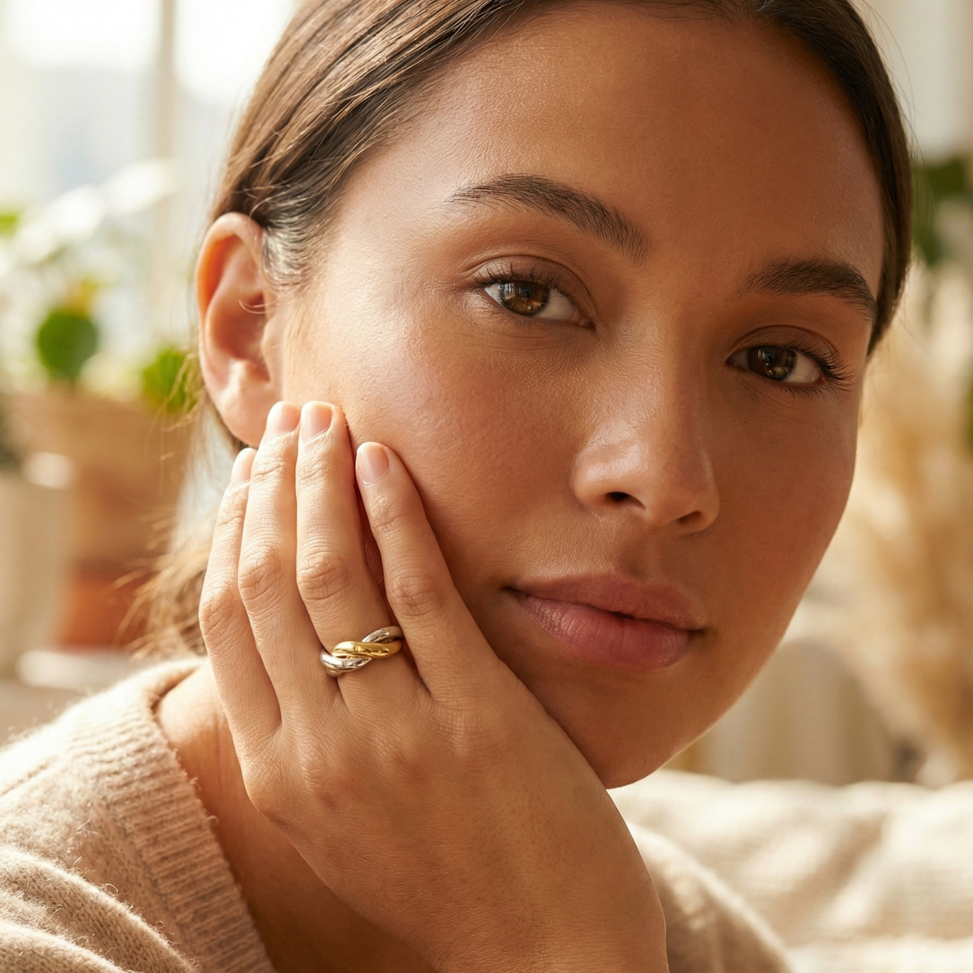 Two-Tone Interlocking Ring by MXW Jewellery featuring interwoven gold and silver bands displayed on a white textured pedestal.