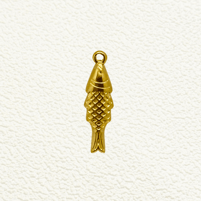 Gold vertical fish charm with diamond scale texture and detailed tail