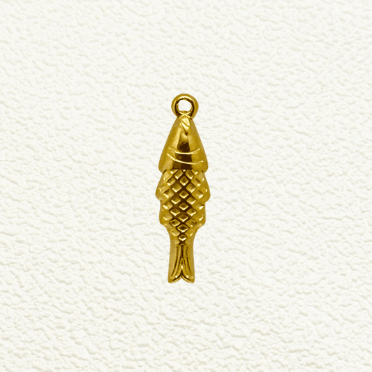 Gold vertical fish charm with diamond scale texture and detailed tail