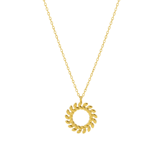 Gold laurel wreath necklace symbolising progress and resilience – MXW Jewellery