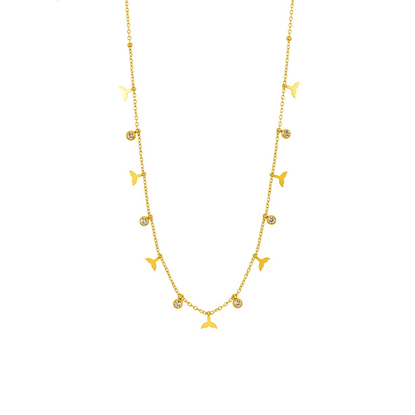 Gold whale tail charm necklace with zircon stones, waterproof and tarnish-resistant.