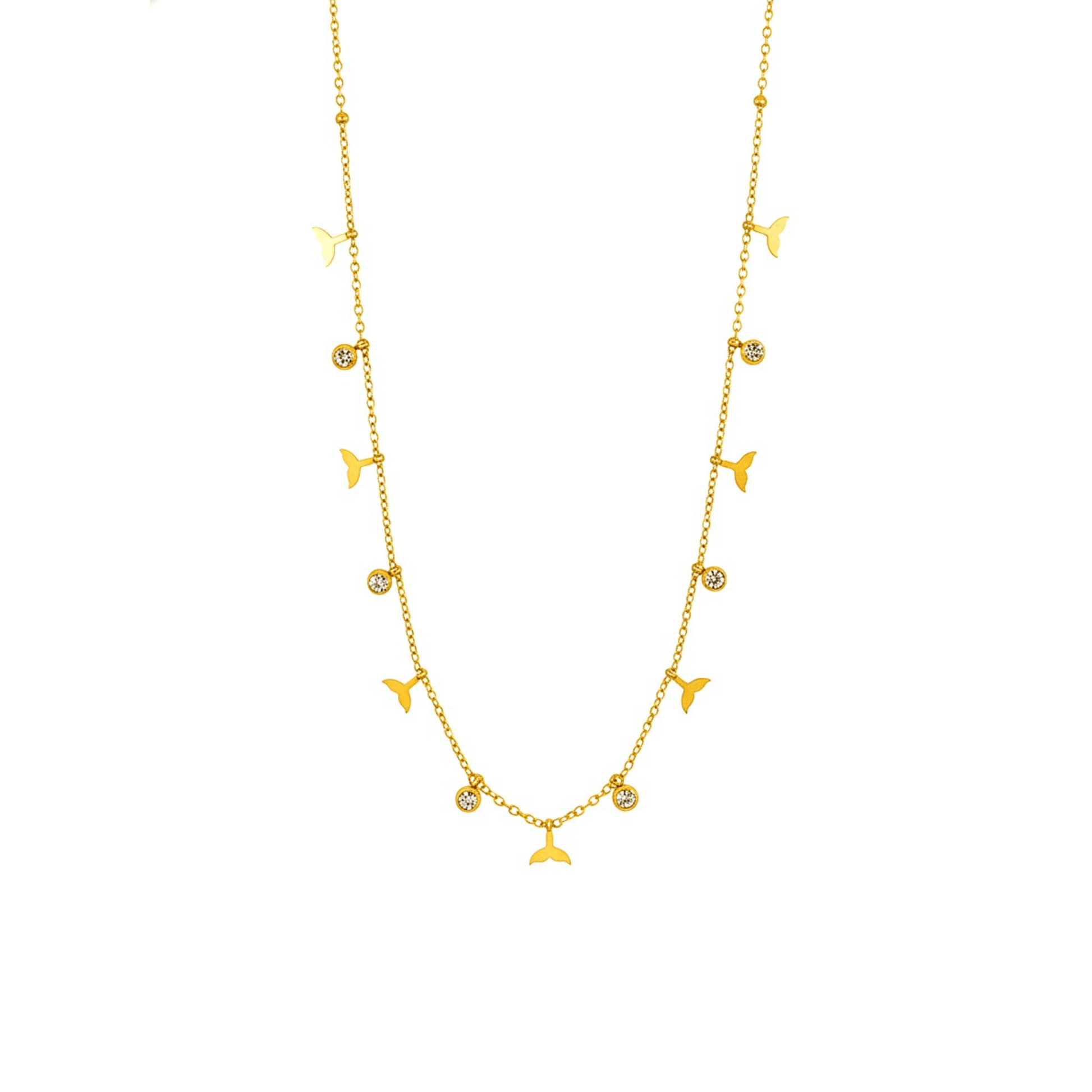 Gold whale tail charm necklace with zircon stones, waterproof and tarnish-resistant.