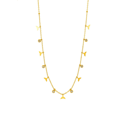 Gold whale tail charm necklace with zircon stones, waterproof and tarnish-resistant.