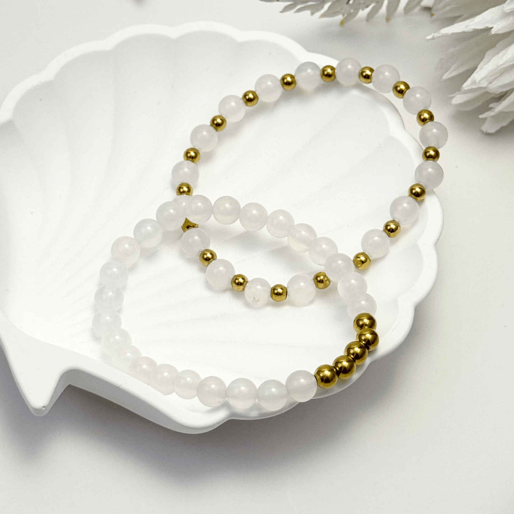 handmade white agate stretch bracelet set with gold accents – natural crystal jewellery