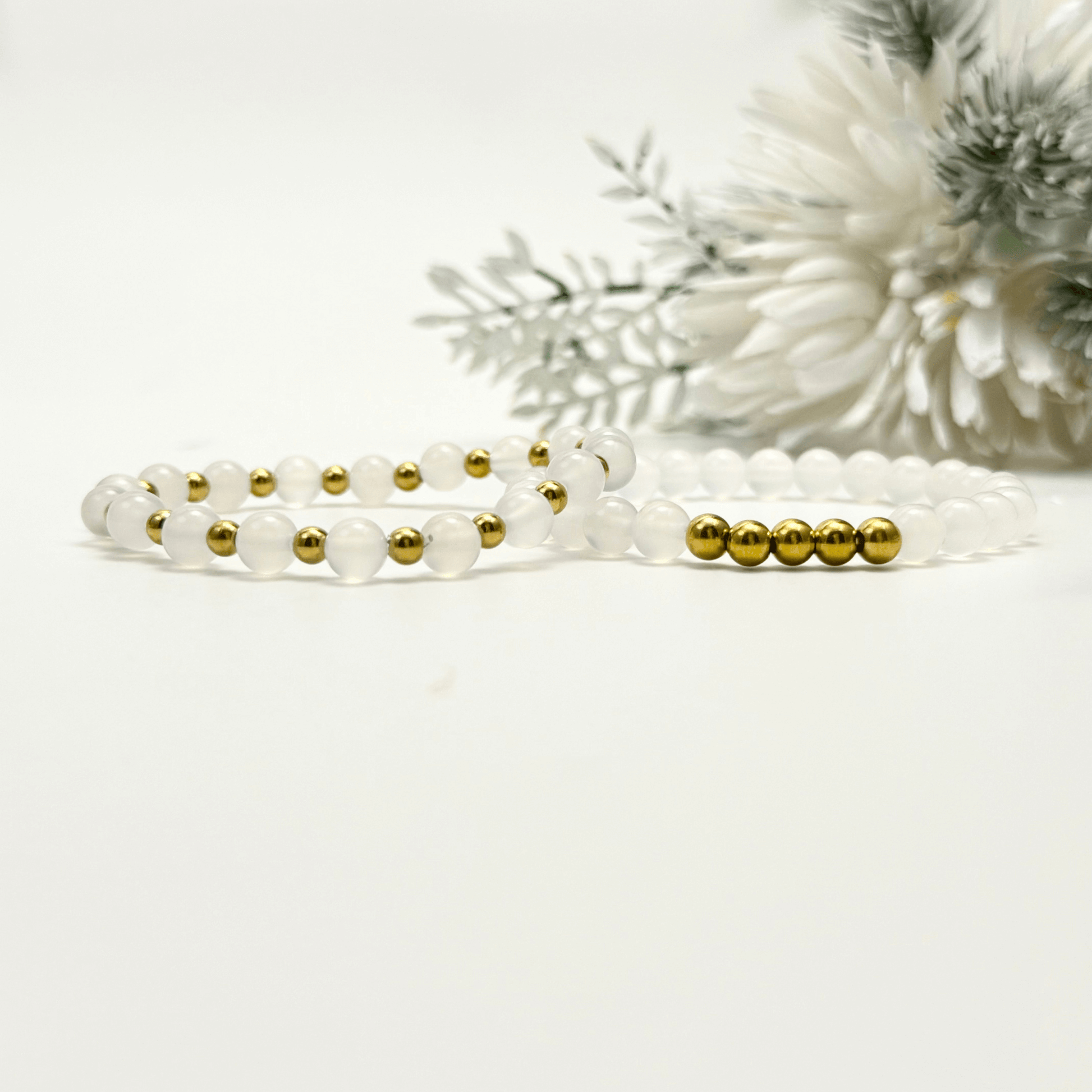 handmade white agate stretch bracelet set with gold accents – natural crystal jewellery