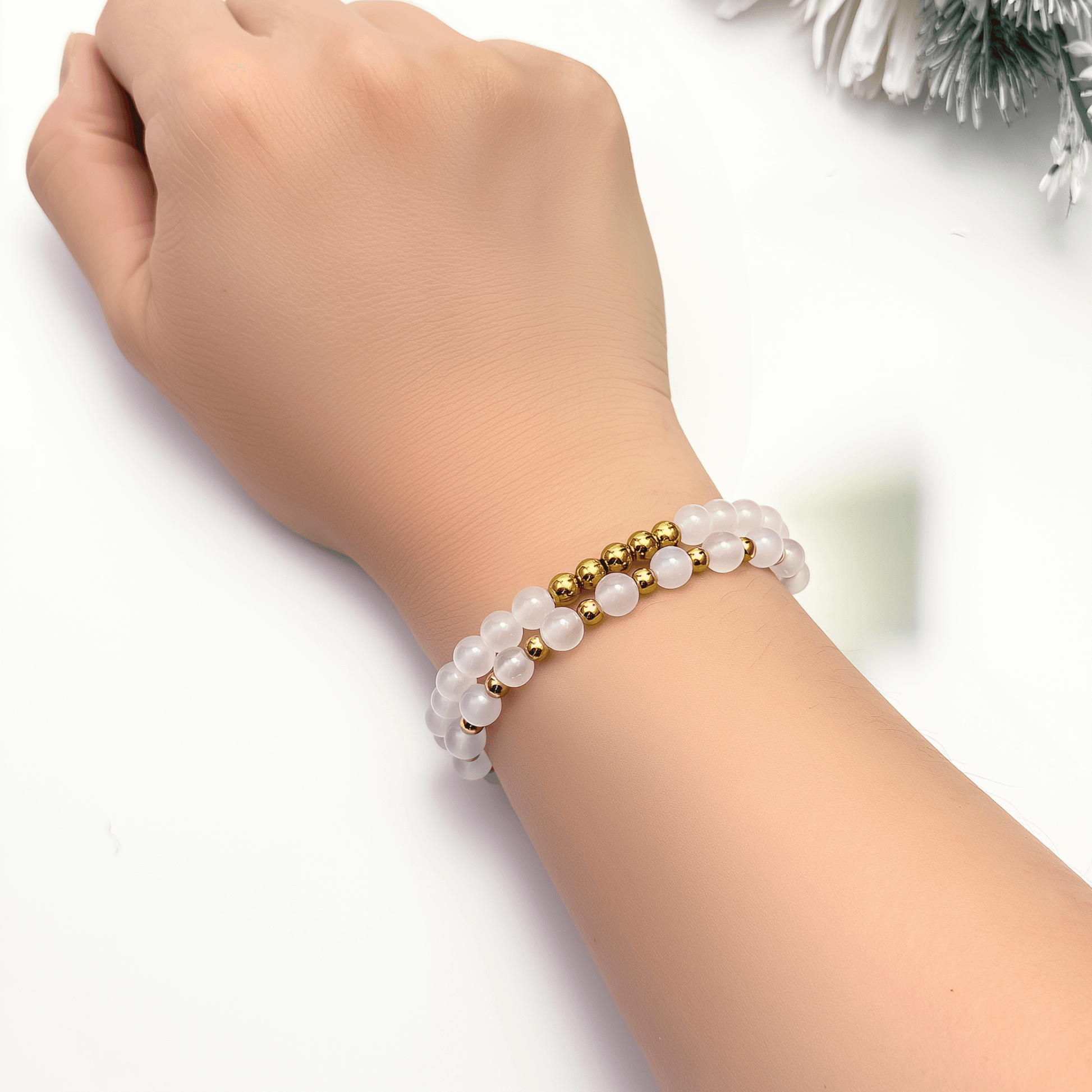 handmade white agate stretch bracelet set with gold accents – natural crystal jewellery