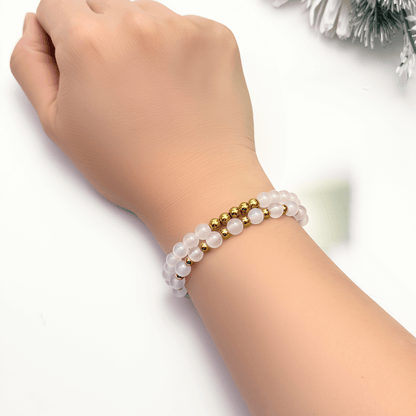 handmade white agate stretch bracelet set with gold accents – natural crystal jewellery