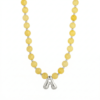 Natural yellow jade and 925 sterling silver beaded necklace with personalised bubble initial charm, hand-finished in Australia
