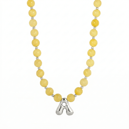 Natural yellow jade and 925 sterling silver beaded necklace with personalised bubble initial charm, hand-finished in Australia