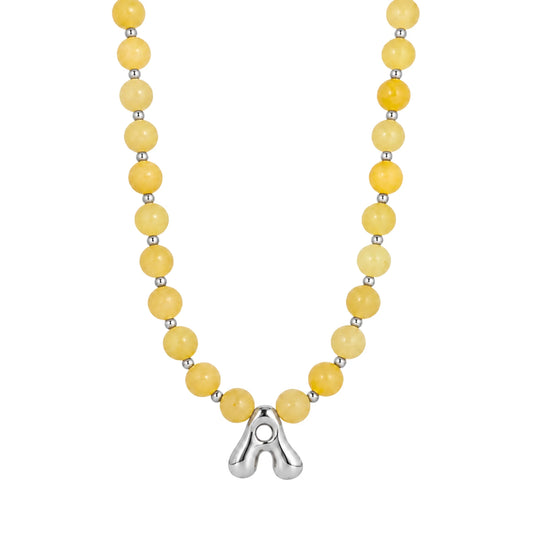 Natural yellow jade and 925 sterling silver beaded necklace with personalised bubble initial charm, hand-finished in Australia