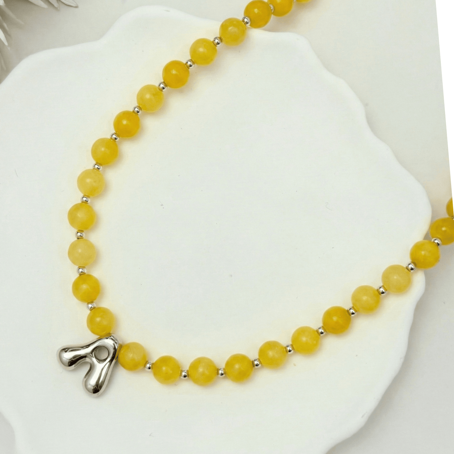 Natural yellow jade and 925 sterling silver beaded necklace with personalised bubble initial charm, hand-finished in Australia
