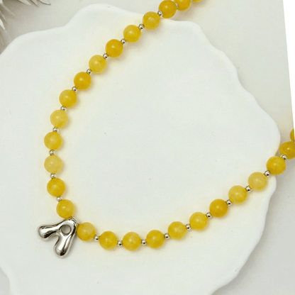Natural yellow jade and 925 sterling silver beaded necklace with personalised bubble initial charm, hand-finished in Australia
