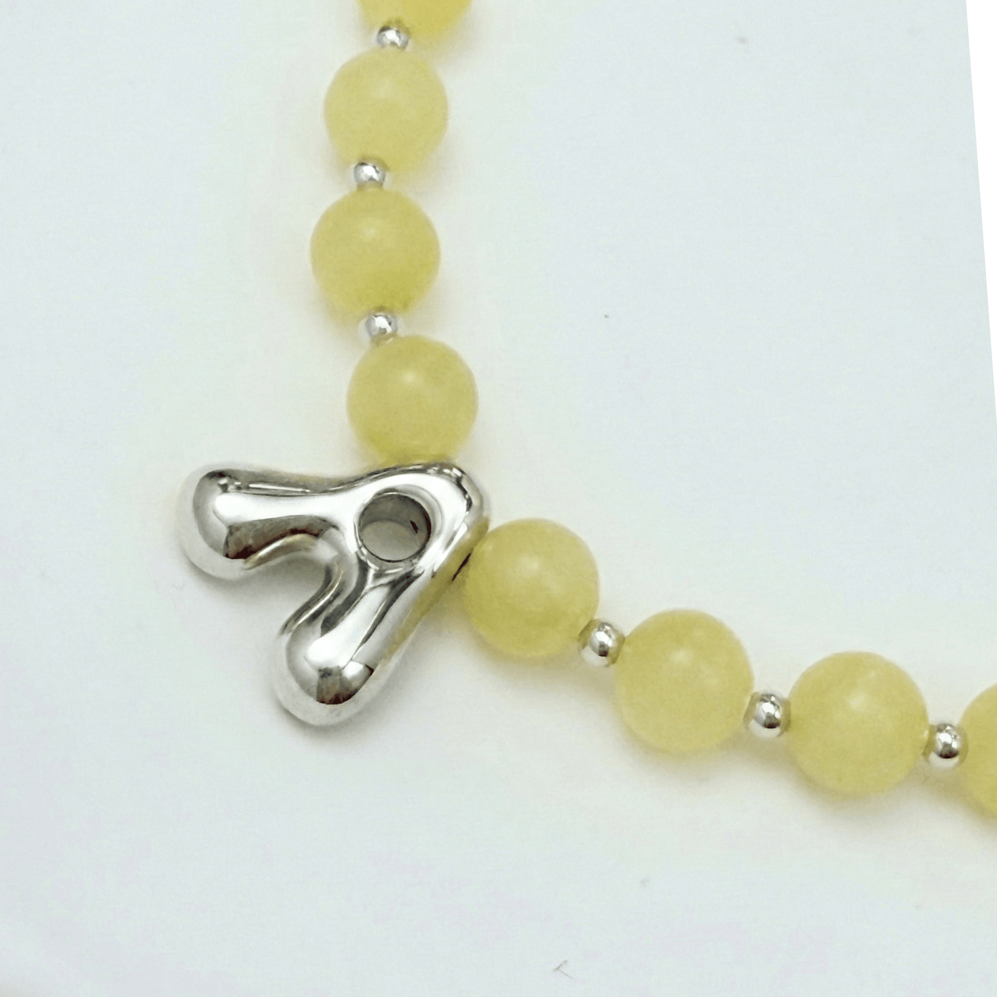 Natural yellow jade and 925 sterling silver beaded necklace with personalised bubble initial charm, hand-finished in Australia