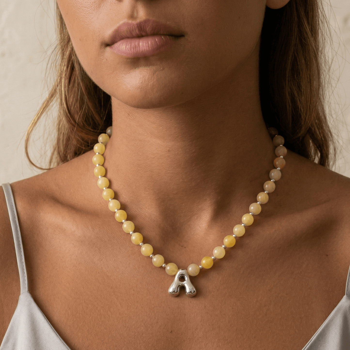 Natural yellow jade and 925 sterling silver beaded necklace with personalised bubble initial charm, hand-finished in Australia