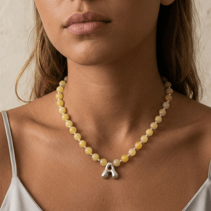 Natural yellow jade and 925 sterling silver beaded necklace with personalised bubble initial charm, hand-finished in Australia