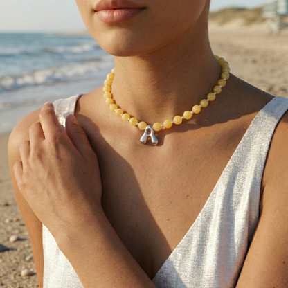 Natural yellow jade and 925 sterling silver beaded necklace with personalised bubble initial charm, hand-finished in Australia
