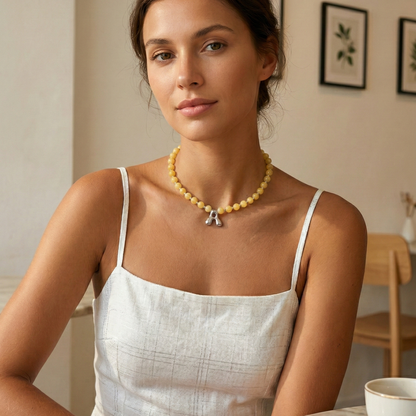 Natural yellow jade and 925 sterling silver beaded necklace with personalised bubble initial charm, hand-finished in Australia