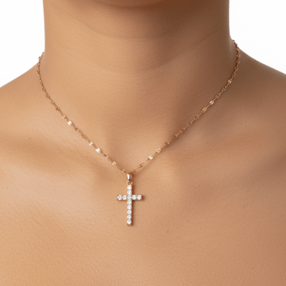 Gold-plated zircon cross pendant necklace with textured link chain, shown on display and close-up views – MXW Jewellery.